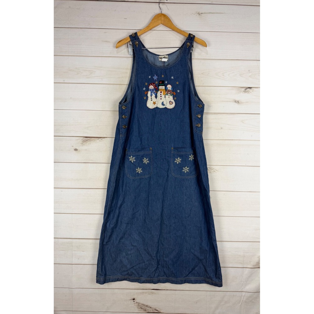 VTG Winona Jumper Dress L Blue Denim Snowman Embroidered Holiday Teacher